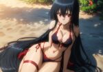 1girl akame_(akame_ga_kill!) akame_ga_kill! alluring beach big_breasts bikini black_hair cleavage joker_(artist) long_hair red_eyes