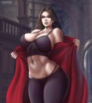 1girl abs armpits ass avengers bare_shoulders beauty_mark belly big_breasts blue_eyes breasts brown_hair cleavage clothed clothing comic_book_character curvy female_only flowerxl hair huge_breasts large_ass lips long_hair marvel marvel_cinematic_universe midriff muscular muscular_female navel panties pants red_lipstick scarlet_witch standing tank_top text thick_thighs url wanda_maximoff watermark wide_hips