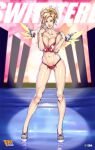  1girl angela_ziegler big_breasts bikini blonde_hair bra breasts cleavage european faymantra female_only flag flag_bikini flag_print looking_at_viewer mercy_(overwatch) national_personification overwatch panties posing swiss swiss_flag switzerland 