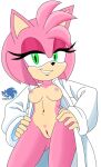  1girl 1girl absurd_res alpha_channel amy_rose anthro bathrobe breasts clothing dashcharlesroseth eulipotyphlan eyelashes eyeshadow genitals green_eyes hands_on_hips hedgehog hedgehog_girl high_res makeup mammal nipples pink_body pink_nipples pubes pussy robe sega sega smile sonic_the_hedgehog_(series) watermark 