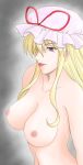 :p blonde_hair breasts female hat long_hair minase_masaru nipples nude purple_eyes ribbon ribbons solo tongue tongue_out touhou yakumo_yukari yukari_yakumo