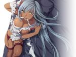 1girl apron bed breasts code_geass dark_skin fishnets garter_belt ladle long_hair lying mouth_hold naked_apron nekomata_naomi nipple_slip nipples silver_hair solo thighhighs villetta_nu yellow_eyes