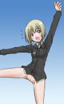  1girl blonde_hair blue_eyes blush bottomless erica_hartmann green_hair hirokawa_hiroshi hirokawa_kouichirou no_panties pussy short_hair smile solo standing_on_one_leg strike_witches uncensored uniform wave waving 