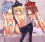 blush bottomless bra breasts erect_nipples flat_chest incest lunasa_prismriver lyrica_prismriver merlin_prismriver nipples no_panties nude panties short_hair small_breasts socks tears thighhighs topless touhou