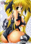 1girl anus ass blonde_hair blush breasts censored fate_testarossa gloves highres huge_breasts kneeling leotard long_hair lyrical_nanoha mahou_shoujo_lyrical_nanoha mahou_shoujo_lyrical_nanoha_strikers nipple_slip nipples pussy raidon solo thighhighs torn_clothes trembling twintails