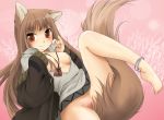  1girl animal_ears barefoot bottomless brown_hair feet holo horo ikuta_takanon long_hair nipple_slip nipples no_panties open_clothes open_shirt pussy_peek red_eyes shirt solo spice_and_wolf tail takanon toe-scrunch toe_scrunch wolf_ears 