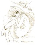  1girl animal_ears barefoot feet holo horo ikuta_takanon lying monochrome nude sketch solo spice_and_wolf tail takanon 