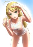  1girl asaki_yuki blonde_hair food green_eyes hoshii_miki ice_cream idolmaster long_hair miki_hoshii one-piece_swimsuit school_swimsuit see-through shirt solo swimsuit wet wet_clothes wet_shirt white_school_swimsuit white_swimsuit 