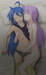 2girls ahoge ameco bad_id bed blue_hair blush breast_grab breast_press breast_slip breasts fingering flat_chest grabbing hair hand_in_panties hiiragi_kagami izumi_konata kagami_hiiragi konata_izumi lucky_star lying mole multiple_girls navel nude one_breast_out one_eye_closed open_mouth panties purple_hair twintails underwear wink yuri