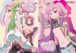 3girls anya_alstreim c.c. cc code_geass green_hair ica ika_(artist) kallen_stadtfeld multiple_girls open_clothes open_shirt pink_hair red_eyes shirt thighhighs