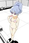  1girl barefoot bikini blue_hair breast_slip darker_than_black face flat_chest miyagoe miyagoe_yoshitsuki nipple_slip nipples one_breast_out popsicle purple_eyes solo swimsuit yin 