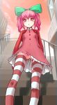 anya_alstreim bow code_geass hair_bow hair_ribbon hair_ribbons highres no_panties pink_hair red_eyes ribbon ribbons stairs striped striped_legwear striped_thighhighs thighhighs upskirt yukari_(konekonekozou)
