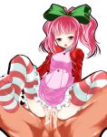 1girl anya_alstreim clothed_sex code_geass cum cum_in_pussy cum_inside feet no_shoes penis pink_hair pussy ribbon ribbons sex short_hair small_breasts solo_focus spread_legs striped striped_legwear striped_thighhighs thighhighs toe_scrunch uncensored vaginal yako