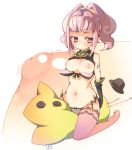  1girl anya_alstreim anya_earlstreim between_thighs blush breasts cheese-kun code_geass elbow_gloves gloves hat large_breasts nipples panties pink_eyes pink_hair pizza_hut prnt puffy_nipples solo striped tattoo thighhighs thighs underwear 