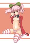 1girl aftersex anya_alstreim blush bow breasts code_geass condom condom_in_mouth cum flat_chest frilled_panties frills hair_bow kneeling mary_janes mouth_hold navel nipples no_pants panties pink_eyes pink_hair pink_panties ponytail shirt_lift shoes short_hair small_breasts solo striped striped_legwear striped_thighhighs sweat thighhighs turtleneck underwear used_condom yotsuha_(artist)