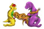  anal barney_and_friends barney_the_dinosaur bj_(barney) fellatio oral simple_background spitroast threesome white_background yaoi 