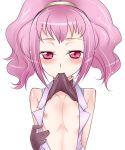  1girl anya_alstreim anya_earlstreim bad_id blush breasts code_geass flat_chest gloves kanya_pyi mouth_hold nipples no_bra open_clothes open_shirt petite pink_eyes pink_hair shirt shirt_lift solo 