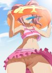 1girl anya_alstreim arms_up bad_id bare_shoulders bikini bikini_skirt blush body_blush breasts cloud code_geass collarbone female floating_tire frilled_bikini frills from_below hands innertube jaga_note mound_of_venus mouth_hold navel no_panties outdoors pink_bikini pink_hair popsicle pussy shade short_hair sky small_breasts solo standing striped striped_bikini striped_swimsuit sweat swimsuit tankini thigh_gap uncensored underboob upskirt wind_lift