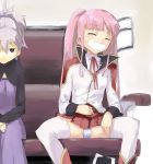  2girls cameltoe closed_eyes darker_than_black dress drunk hair kayanuma_kiko kiko kiko_kayanuma multiple_girls panties pantyshot pink_hair purple_dress saliva skirt smile stockings thighhighs u_(the_unko) underwear white_legwear white_thighhighs yin 