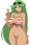 1girl bangle big_breasts bigdead bikini bottomless bracelet breasts cleavage dark_skin female_focus green_eyes green_hair high_res jewelry kid_icarus long_hair matching_hair/eyes midriff milf naked_from_the_waist_down navel nintendo no_panties palutena pussy side-tie_bikini smile striped striped_bikini sunglasses sunglasses_on_head super_smash_bros. swimsuit tan very_long_hair white_background wink