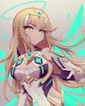 1girl 1girl alluring bare_shoulders big_breasts blonde_hair chest_jewel cleavage cleavage_cutout clothing_cutout dress earrings elbow_gloves enni gloves high_res jewelry long_hair mythra short_dress swept_bangs tiara very_long_hair white_dress white_gloves xenoblade_(series) xenoblade_chronicles_2 yellow_eyes