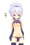 :o bandaid bandaids_on_nipples bare_arms black_legwear black_panties breasts darker_than_black dress dress_lift hair_ribbon jitome kuro_(be_ok) long_hair looking_at_viewer minitesu navel panties pasties pink_eyes ponytail purple_eyes ribbon shirt_lift silver_hair simple_background sleeveless small_breasts solo thighhighs translated underwear white_background yin