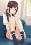 1girl black_socks brown_eyes brown_hair female_only large_filesize looking_at_viewer miniskirt n.g. on_couch panty_pull partially_visible_vulva school_uniform short_sleeves sitting smile twin_tails underwear