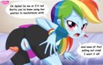 blackmail blue_body crotchless cutie_mark equestria_untamed friendship_is_magic hasbro horse my_little_pony penis pussy rainbow_dash rainbow_dash_(mlp) rainbow_hair rainbow_mane red_eyes shame speech_bubble spike_(mlp) text