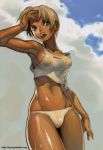 3rd_strike blonde_hair blue_eyes breasts cloud dark_skin elena_(street_fighter) hyung_tae_kim midriff mound_of_venus muscle panties see-through short_hair sideboob sky standing street_fighter street_fighter_iii:_3rd_strike streetfighter sweat tan tank_top thighs underwear wet white_panties