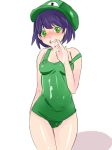  1girl bad_id blush c2 chako_nejio cosplay costume cum facial genderswap green_eyes hat kazuki luigi mario_(series) nintendo purple_hair short_hair solo super_mario super_mario_bros. thigh_gap 