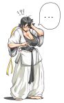  !? ... 1girl baggy_pants barefoot black_hair blush bra breasts capcom choker cleavage closed_eyes curvy dougi hair huge_breasts johnrokk makoto makoto_(street_fighter) oversized_clothes pants plump ribbon_choker scarf shirt short_hair solo street_fighter street_fighter_iii street_fighter_iii:_3rd_strike sweat t-shirt underwear wide_sleeves 