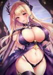 1girl azur_lane bangs black_gloves black_panties blonde_hair blush breasts choker cleavage elbow_gloves female female_only gloves hair_between_eyes hand_on_own_chest highleg highleg_panties huge_breasts laurel_crown long_hair looking_at_viewer navel nipple_bulge open_mouth panties red_eyes skindentation smile solo thighs very_long_hair victorious_(azur_lane)