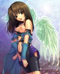  1girl angel_wings bike_shorts breasts brown_hair detached_sleeves feathers female_only final_fantasy final_fantasy_viii gureguma jewelry long_hair navel necklace nipples open_mouth orange_eyes rinoa_heartilly solo_female torn_clothes wings yellow_eyes yoko_juusuke 