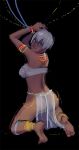 1girl anklet arabian_clothes armlet ass back barefoot blue_eyes bracelet capcom dark-skinned_female dark_skin elena_(street_fighter) feet from_behind jaimito jewelry kneel legs neck_ring necklace no_panties pubic_hair see-through short_hair slave solo strapless street_fighter street_fighter_iii swimsuit tubetop white_hair