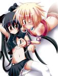  2girls arched_back black_hair blonde_hair flat_chest hair_between_eyes kazekawa_nagi kooh lola lola_(pangya) long_hair looking_at_viewer lying midriff multiple_girls navel on_back on_stomach pangya red_eyes short_hair stomach thighhighs very_long_hair white_legwear zettai_ryouiki 