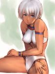  1girl bikini blue_eyes bracelet capcom dark_skin elena_(street_fighter) fumio_(rsqkr) hand_in_panties humio jewelry neck_ring panties solo street_fighter street_fighter_iii swimsuit underwear white_hair 