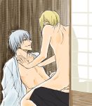  2boys arms ass back bare_shoulders bleach blonde_hair chest ears elbow fingers gin_ichimaru hair hands ichimaru_gin izuru_kira kira_izuru male men multiple_boys navel neck nipples nose nude shoulders silver_hair smile throat torso white_coat yaoi 