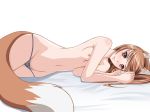 1girl animal_ears bad_id breasts brown_hair chiro groin holo horo looking_at_viewer lowleg lowleg_panties lying moon_cat mound_of_venus navel nipples on_side panties red_eyes red_hair smile solo spice_and_wolf tail topless underwear wallpaper