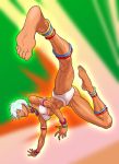 1girl anklet barefoot blue_nails bracelet capcom dark_skin earrings elena_(street_fighter) feet high_kick jewelry kick kicking nail_polish neck_ring perspective short_hair soles solo street_fighter street_fighter_iii toenail_polish white_hair yamamiya_hiroshi