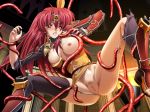  1girl armor breasts censored game_cg ikazuchi_no_senshi_raidy kazuma_muramasa lightning_raidy_warrior pussy raidy_(ikazuchi_no_senshi_raidy) red_hair ripping solo spread_legs tentacle tentacles thighhighs 