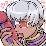  1girl 3d_glasses bikini capcom dark_skin dildo earrings elena_(street_fighter) gill_(street_fighter) glasses jewelry lowres male_pubic_hair mozuyun neck_ring penis penis_on_face pubic_hair saliva short_hair silver_hair smile solo_focus street_fighter street_fighter_iii sweat tenzen what white_hair 