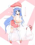  1girl arin blue_eyes blue_hair breasts christmas dama hat huge_breasts jewelry necklace pangya santa_costume santa_hat solo thighhighs translated 