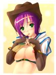  1girl akamaru breasts cleavage cowboy_hat erect_nipples fingerless_gloves gloves green_eyes hat hunter hunter_(ragnarok_online) nipple_slip nipples purple_hair ragnarok_online solo underboob western 