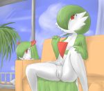 animal blush breasts furry gardevoir gomapurin_(pixiv287524) green_eyes green_hair kirlia nintendo no_humans pokemon popsicle pussy pussy_juice skirt skirt_lift spread_legs