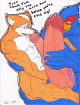  2boys artist_request avian falco_lombardi fox fox_mccloud hyper_penis kissing penis_touching star_fox vulpine yaoi 