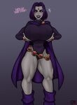 1girl 1girl 1girl big_breasts boots breasts cape dc_comics english_text female_focus female_only grabbing_own_breast leotard lipstick muscular_legs purple_eyes purple_hair purple_lipstick raiounsfw raven_(dc) short_hair standing teen_titans text thick_thighs