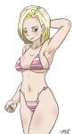 1girl 1girl 1girl android android_18 bikini bikini_top blue_eyes breasts clavicle cleavage dragon_ball dragon_ball_super dragon_ball_z female_only female_solo full_color high_resolution medium_breasts simple_background smile steca swimsuit thelazyart white_background