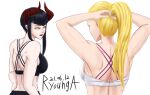  2_girls alleged_siblings alleged_silfs alleged_sisters athletic_female back black_hair blonde_hair eliza_(tekken) emilie_de_rochefort fit_female gym_clothes namco ryounga sisters sports_bra tekken 