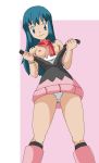 1girl artist_request babe bare_legs bare_shoulders blue_eyes blue_hair boots breasts breasts_out breasts_outside dawn_(pokemon) erect_nipples hikari_(pokemon) humans_of_pokemon legs long_hair looking_at_viewer looking_down nintendo nipples panties pantyshot pantyshot_(standing) pink_boots pink_skirt pokemon pokemon_(anime) pokemon_(game) pokemon_dppt pulling red_scarf scarf skirt small_breasts spread_legs standing strap_slip undressing upskirt white_panties