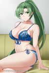  1girl alluring aslind_samure aslindsamure ass bangs bare_shoulders big_breasts blue_bra blue_panties bra breasts cleavage closed_mouth collarbone couch edit fire_emblem fire_emblem:_the_blazing_blade green_eyes green_hair high_res long_hair looking_at_viewer lyn_(fire_emblem) navel nintendo panties photoshop ponytail side-tie_panties sitting smile thighs underwear 